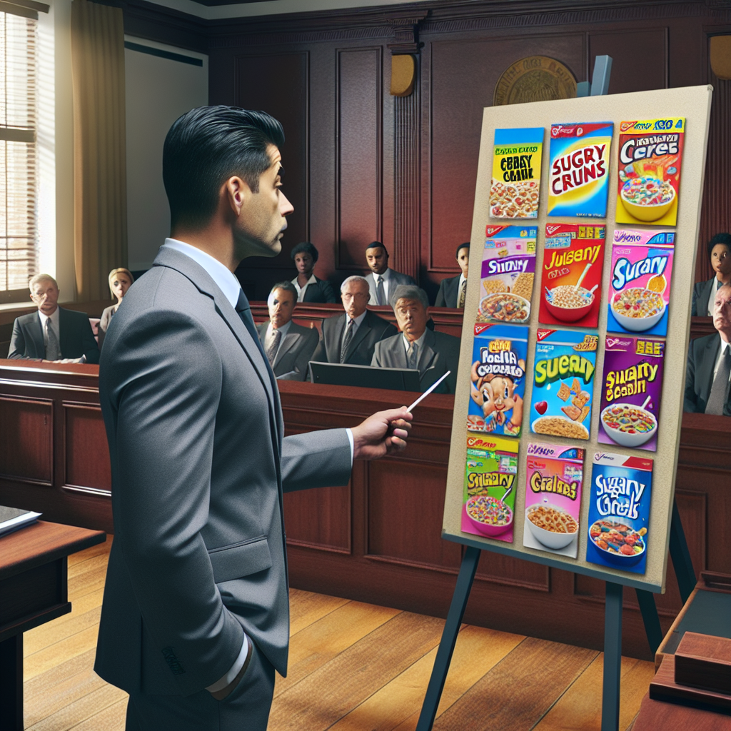 Generate a high-quality, photorealistic image with the foreground showcasing a courtroom scene, where a lawyer - a South Asian man in a crisp grey suit, pointing at a whiteboard. The whiteboard displays various colorful sugary cereal boxes with exaggerated health claims prominently displayed. The background shows a jury of diversified ethnicity and gender, their faces etched with surprise and concern. The scene is illuminated with natural lighting streaming in from a large window, casting soft shadows in the room.