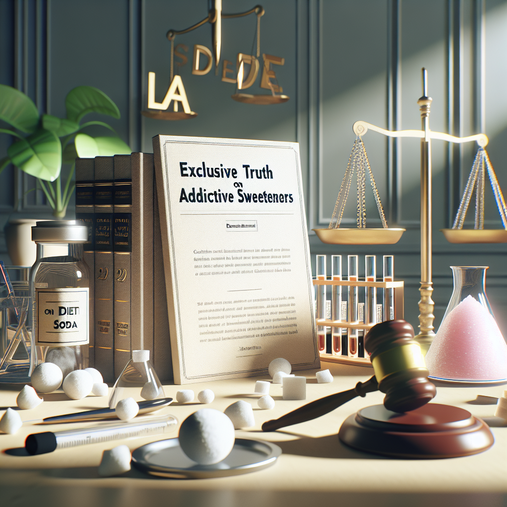 A photorealistic scene under natural lighting with soft shadows capturing the essence of a fictional diet soda lawsuit. The main focus of the image is a set of documents titled 'Exclusive Truth on Addictive Sweeteners'. Surrounding these documents are iconic symbols of law and justice – gavel, balance scales, and courtroom architecture – and objects symbolic of a scientific investigation like test tubes and chemical structures of sweeteners.