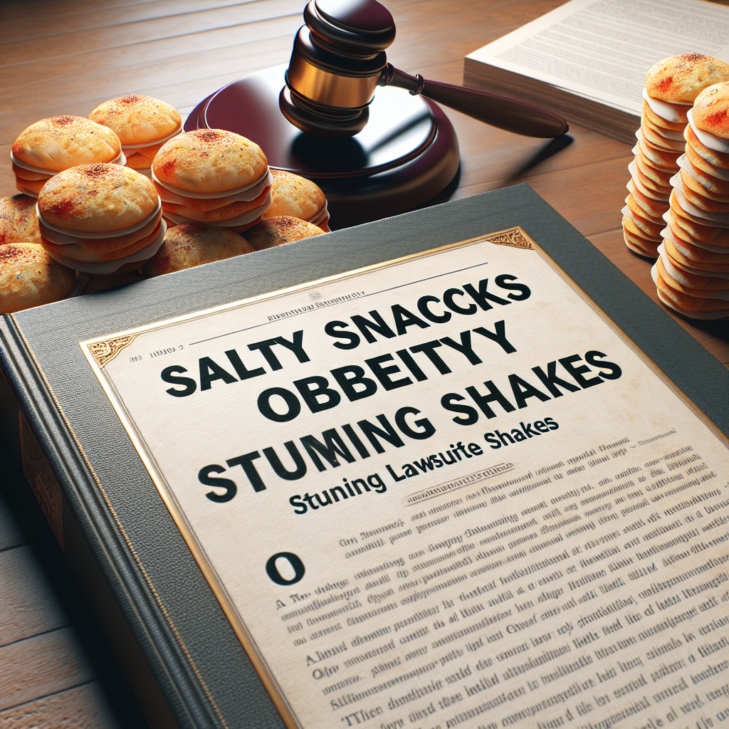 Create a high-quality, photorealistic image depicting the concept of a large scale judicial action impacting the salted food industry. The scene should show court documents with the phrase 'Salty Snacks Obesity: Stunning Lawsuit Shakes Industry' written on them. The image should be rich in detail and have a serious tone to reflect the gravity of the situation. It should use natural lighting and soft shadows for a touch of realism and an air of solemnity.