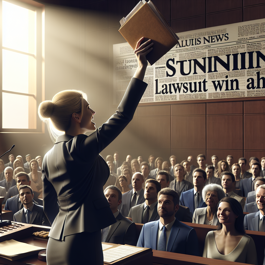 Generate a detailed image set in a courtroom presenting a defining moment in a significant legal battle related to the health implications of processed meats. The scene has natural lighting that creates soft shadows and enhances the serious atmosphere. The focus of the scene is a triumphant lawyer, who is Caucasian and female, holding up a folder of decisive evidence. Most of the background is filled with attentive spectators of varying descent and gender, reflecting a sense of anticipation and concern. We see headlines from newspaper piles, conveying 'Stunning Lawsuit Win Ahead'. Note, the image design should be striking yet respectful.