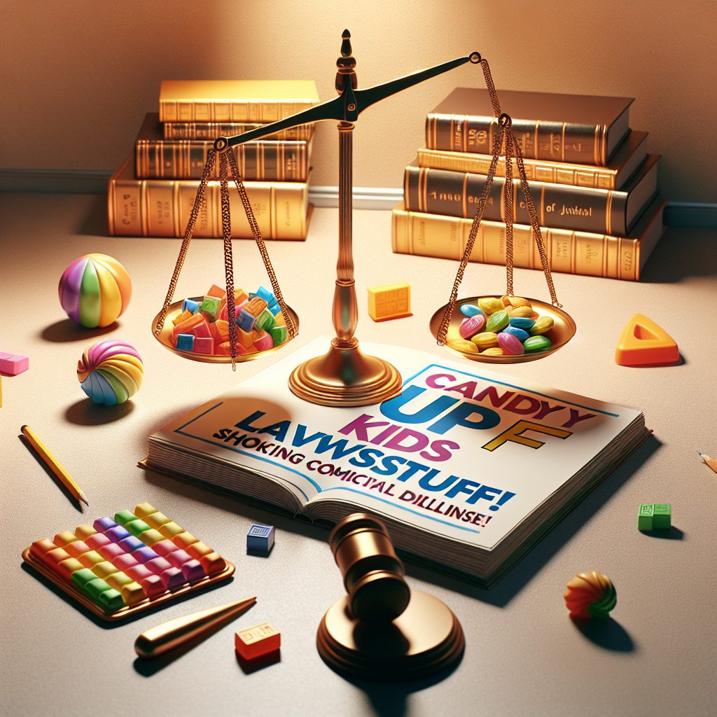 Picture this: A vivid, photorealistic image expressing concern over a hypothetical situation involving children's confectionery, represented by symbolic legal imagery like scales of justice, and educational items like school desk and books. The lighting of the image is natural and warm, creating soft shadows for a three dimensional effect. The title 'Candy UPF Kids Lawsuit: Shocking Cognitive Decline!' is overlaid on the image in bold, emphatic typography, conveying a sense of urgency and alarm.