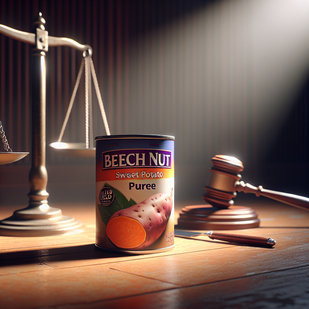 Create a photorealistic image of a can of Beech Nut Sweet Potato puree, vividly depicted under natural lighting, with soft shadows falling to enhance the tangible quality of the object. The scene unfolds an impactful narrative of an alleged lead contamination issue. To convey this, interweave symbols of justice like a scale or gavel subtly into the background. Use muted and dark tones to mirror the severity of the situation, but maintaining the clarity of the object’s details.