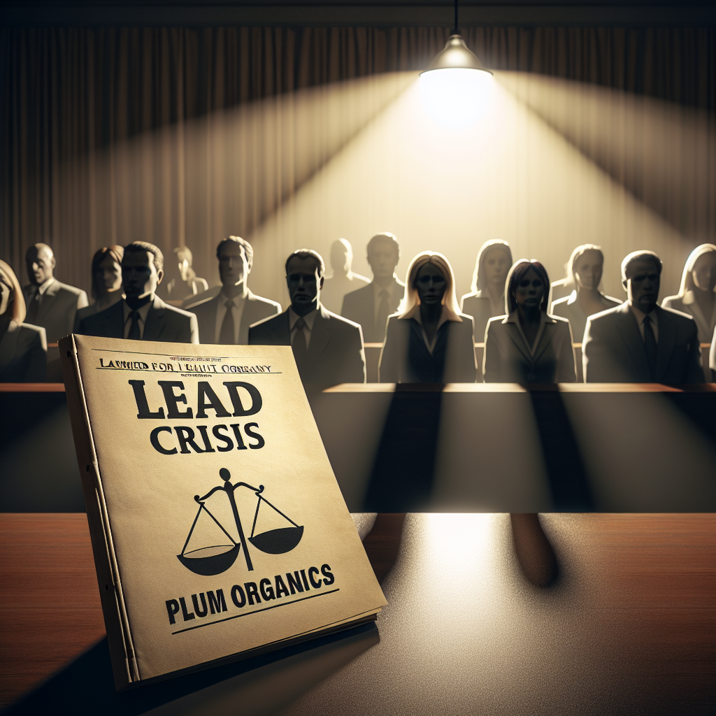 A dramatic courtroom scenario under soft, natural lighting with the emphasis on a lawsuit document related to a food company, 'Plum Organics'. The cover of the document bears a shocking title 'Lead Crisis'. The soft shadows accent the gravity of the scene. Meanwhile, people in the room show diverse reactions, the shock, concern, and anticipation clearly visible on their faces.