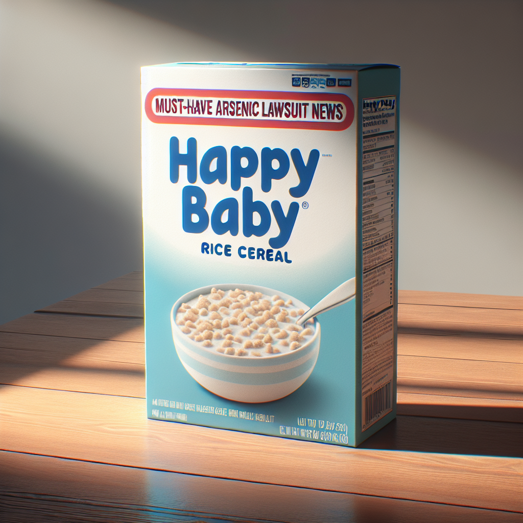 A photorealistic depiction of an unopened box of Happy Baby Rice Cereal placed on a wooden table under natural light showcasing soft shadows. The box has a headline text 'Must-Have Arsenic Lawsuit News', insinuating about a recent controversy involving the product.