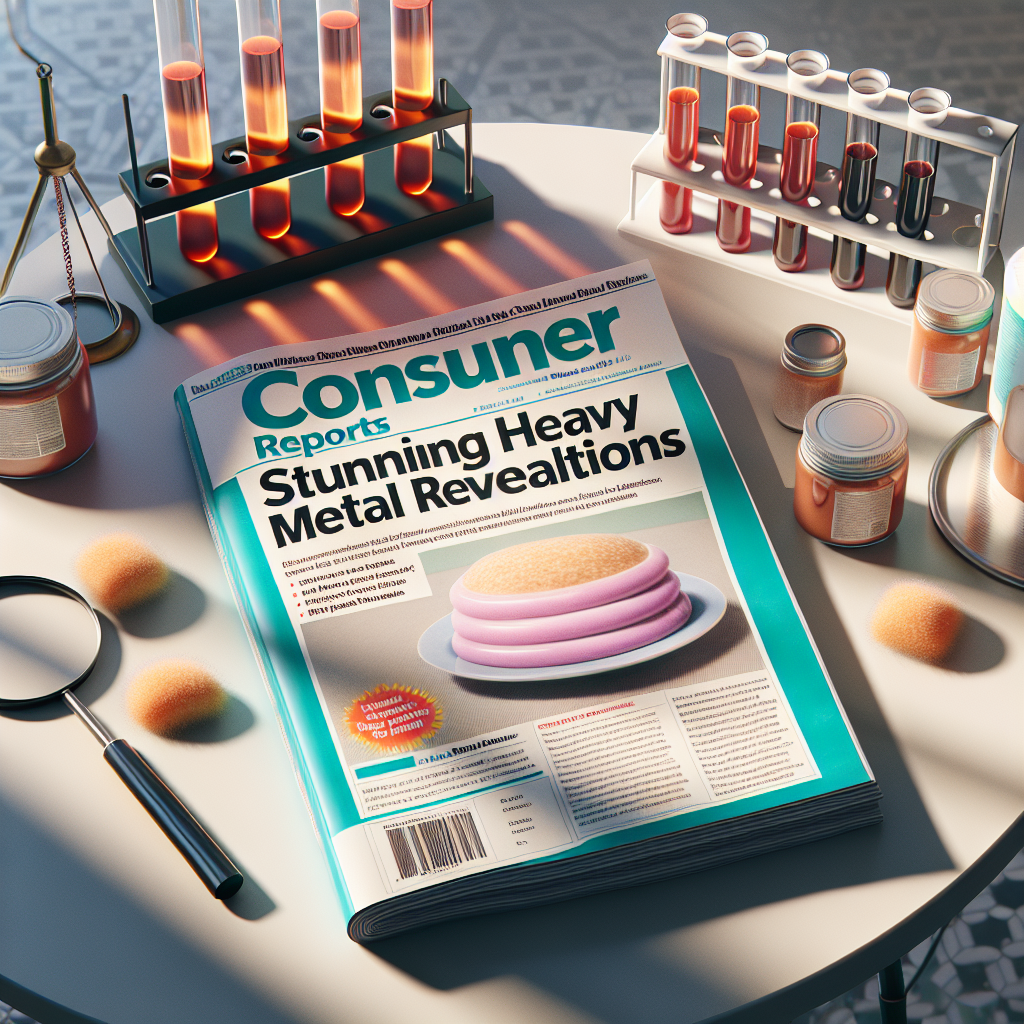 Create a photorealistic scene depicting a well-lit room where an open issue of Consumer Reports reveals a cover story about a lawsuit involving baby food. The issue's headline reads 'Stunning Heavy Metal Revelations'. Surrounding the magazine are various testing equipment and samples of baby food, hinting at investigation and research. The scene showcases soft shadows lending to a gentle ambiance, while the magazine and items on the table stand out in sharp detail.