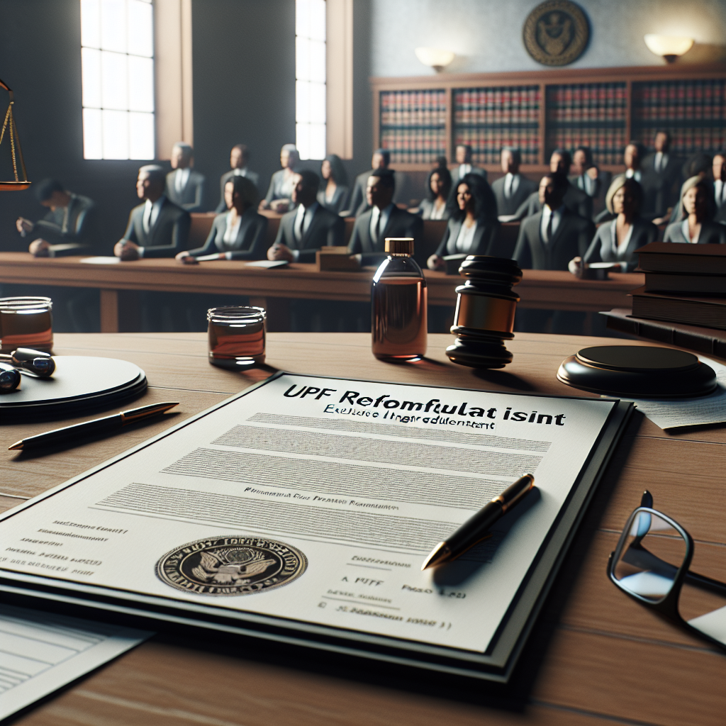 Create a high-quality, photorealistic image of a courtroom scene, using natural lighting and soft shadows. The focus is a large document on a wooden table in the foreground. The document, titled 'UPF Reformulation Lawsuit', details some changes in exclusive ingredients. Aroint it, there are pens, glasses, and some scattered legal documents. In the background, a diverse group of people seated, awaiting the proceeding. Be sure to capture the serious nature of the situation and the importance of the document. A hint of an emblem of justice would contribute to the overall mood.
