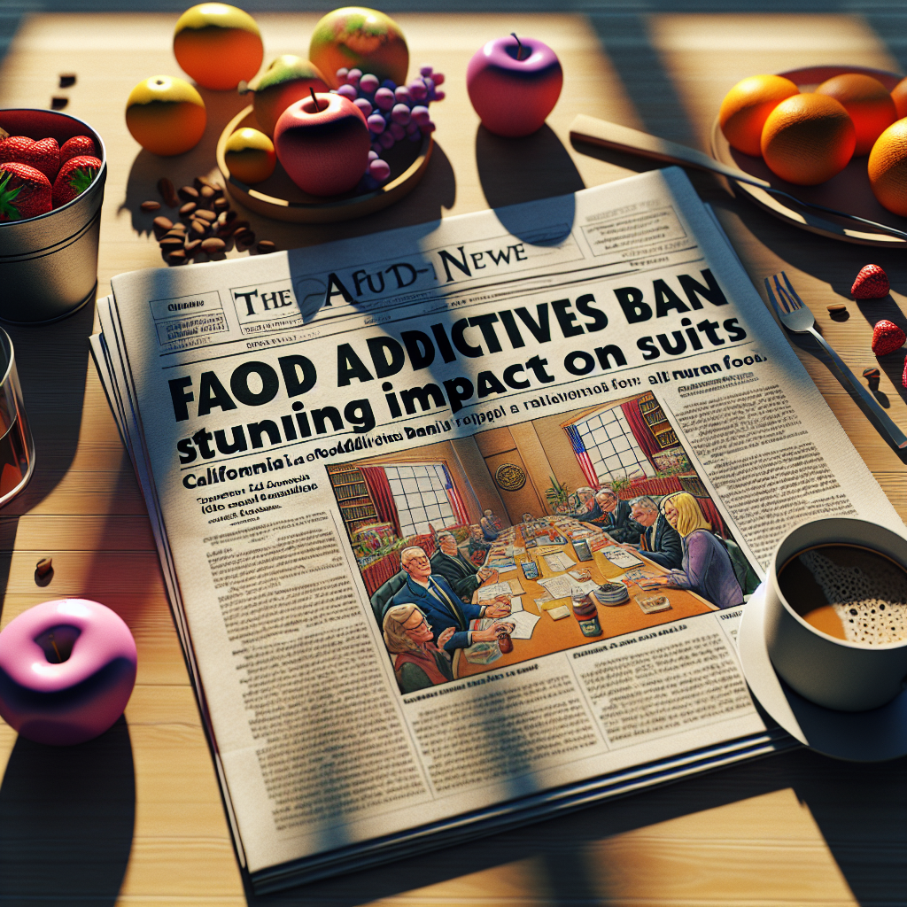 Generate a detailed image vividly displaying a newspaper front-page headline reading 'California Food Additives Ban: Stunning Impact on Suits'. The newspaper is spread out on a kitchen table, bathed in the early morning sunlight which casts soft shadows. Around the newspaper are a variety of fresh fruits like apples, oranges, and berries, symbolizing natural food. A coffee mug, half full, sits next to the newspaper, steam gently wafting from it. On the bottom edge of the paper, an artist's illustration shows a courtroom with judges, lawyers, and litigants, highlighting the legal implications of the ban.