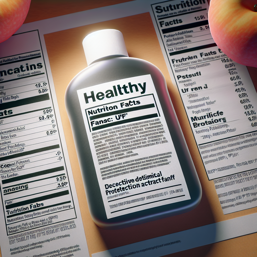 Create a photorealistic image displaying a 'Healthy' label, as regulated by the Food and Drug Administration (FDA). The label is seen against the backdrop of a nutrition facts panel. Despite the 'Healthy' claim, the label also has some additional small text that disputes deceptive Ultraviolet Protection Factor (UPF) claims. The image should be illuminated with natural light that casts soft shadows around the objects.