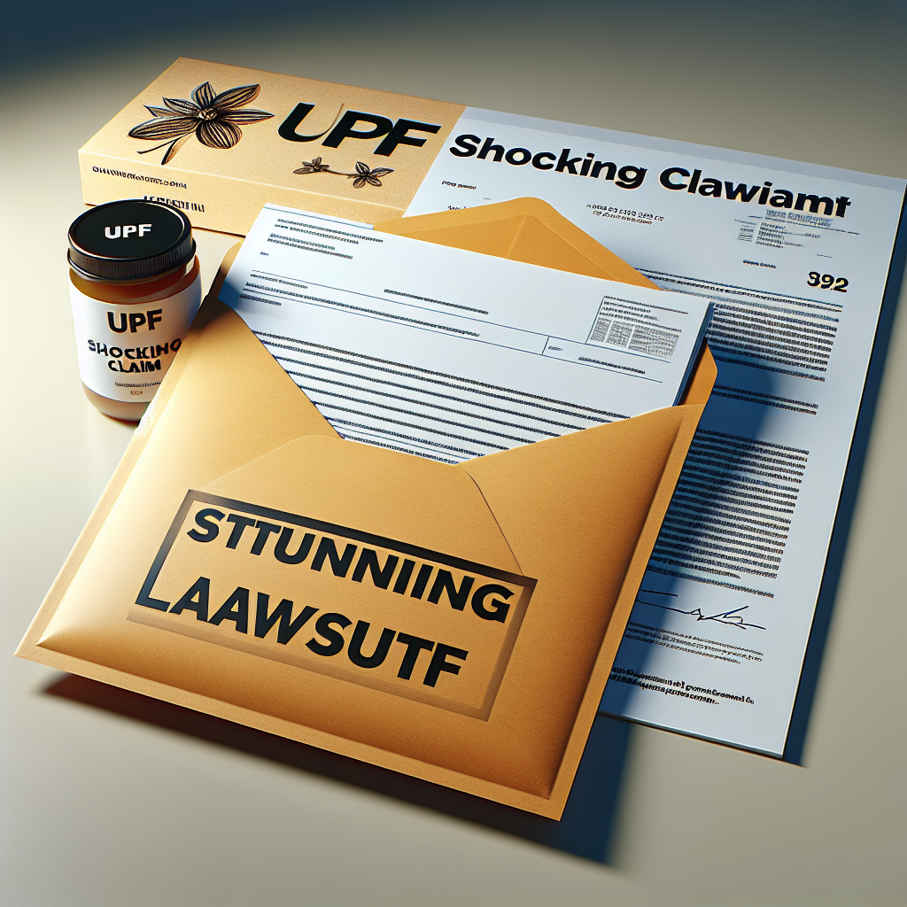 Create a photorealistic image featuring an envelope containing legal documents, including a sheet with the words 'Stunning Lawsuit' and 'Shocking Claim' prominently displayed. The image should have a background of a branded product packaging with the words, 'UPF' prominent. Use natural lighting and soft shadows for a realistic effect.