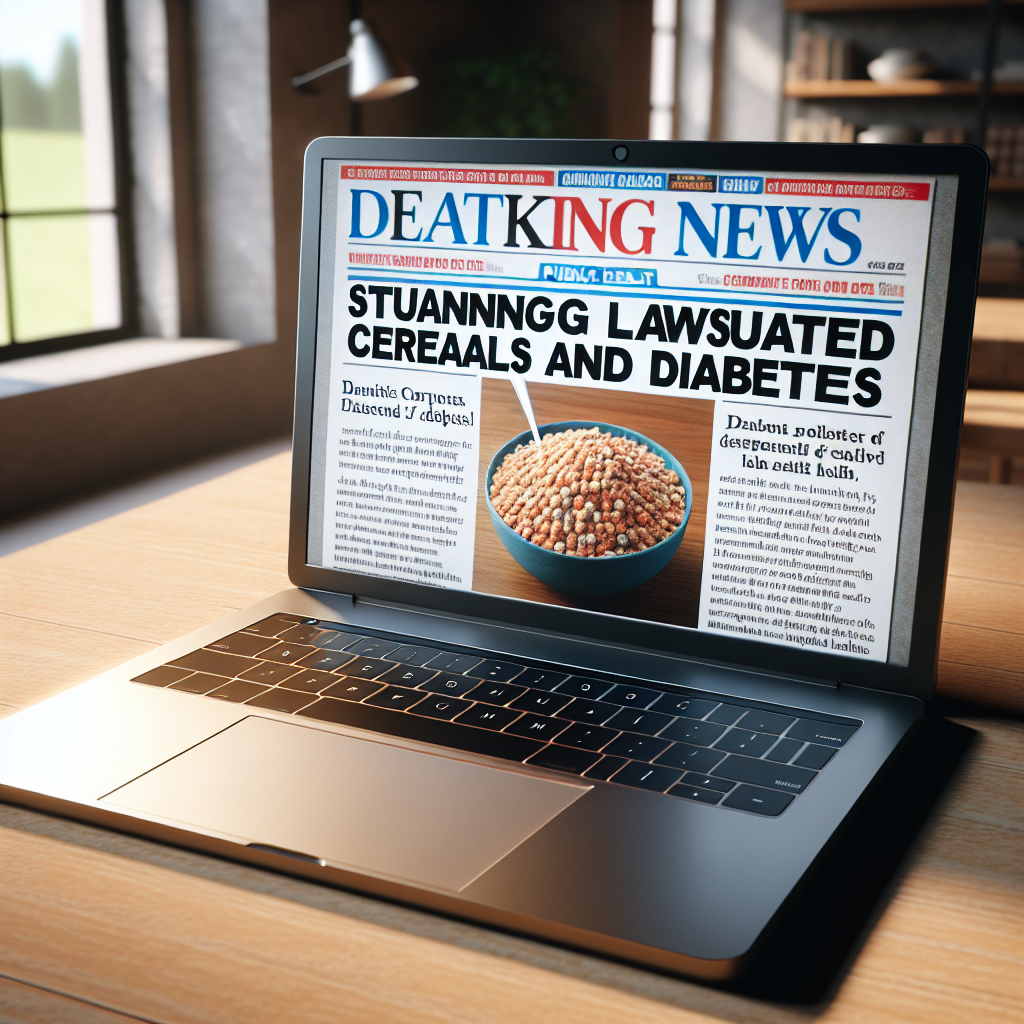 A photorealistic representation of a laptop displaying news about a stunning lawsuit related to cereals and diabetes. The screen of the laptop should show an eye-catching tabloid-style headline relating to a large food corporation and public health. The surrounding scene should have elements typical of a person reading news in their comfortable home environment. Emphasize natural lighting and soft shadows in the composition.