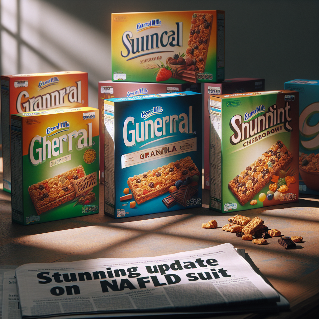 A photo-realistic image of General Mills snacks, beautifully arranged on a table under natural light with soft shadows. A newspaper nearby has a headline 'Stunning Update on NAFLD Suit'. The snacks consist of different varieties, including cereal bars, granola, and chocolate treats, all packaged in their respective colorful boxes.