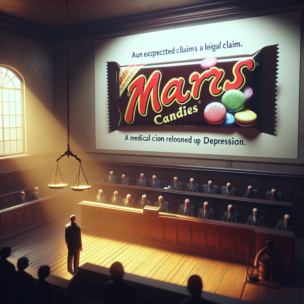 Visualize a dramatic pictorial representation of a fictional legal case revolving around a candy company named 'Mars Candies'. The central theme of the case involves an unexpected claim related to a medical condition known as UPF Depression. The image should feature a somber setting with natural lighting and soft shadows, designed in photorealistic style.