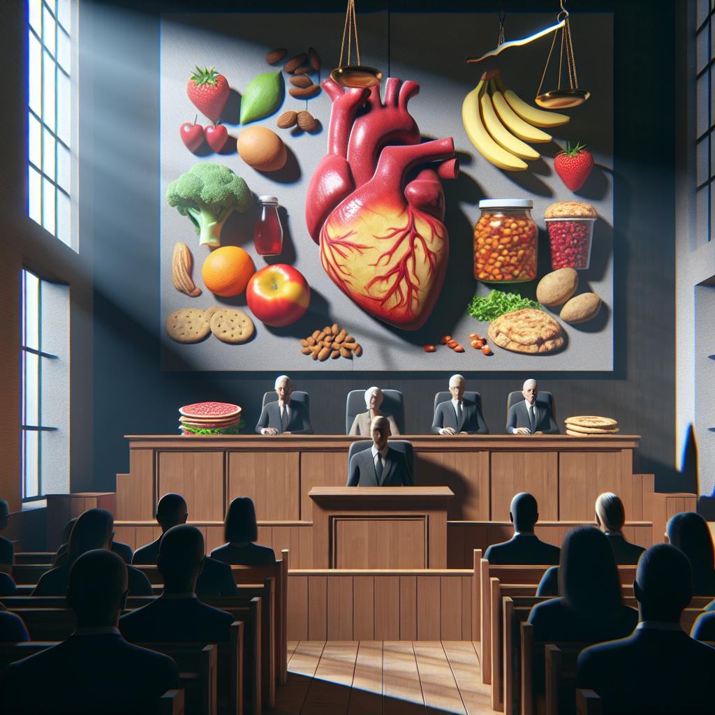 Generate a photorealistic image depicting a courtroom setting for a lawsuit regarding the health risks associated with processed foods specifically heart disease. Please include a juxtaposed visual of healthy and unhealthy foods in the context of this case, illuminated by natural lighting and softened shadows. The case should exude a serious tone given the shocking heart disease risks linked with the consumption of processed foods.