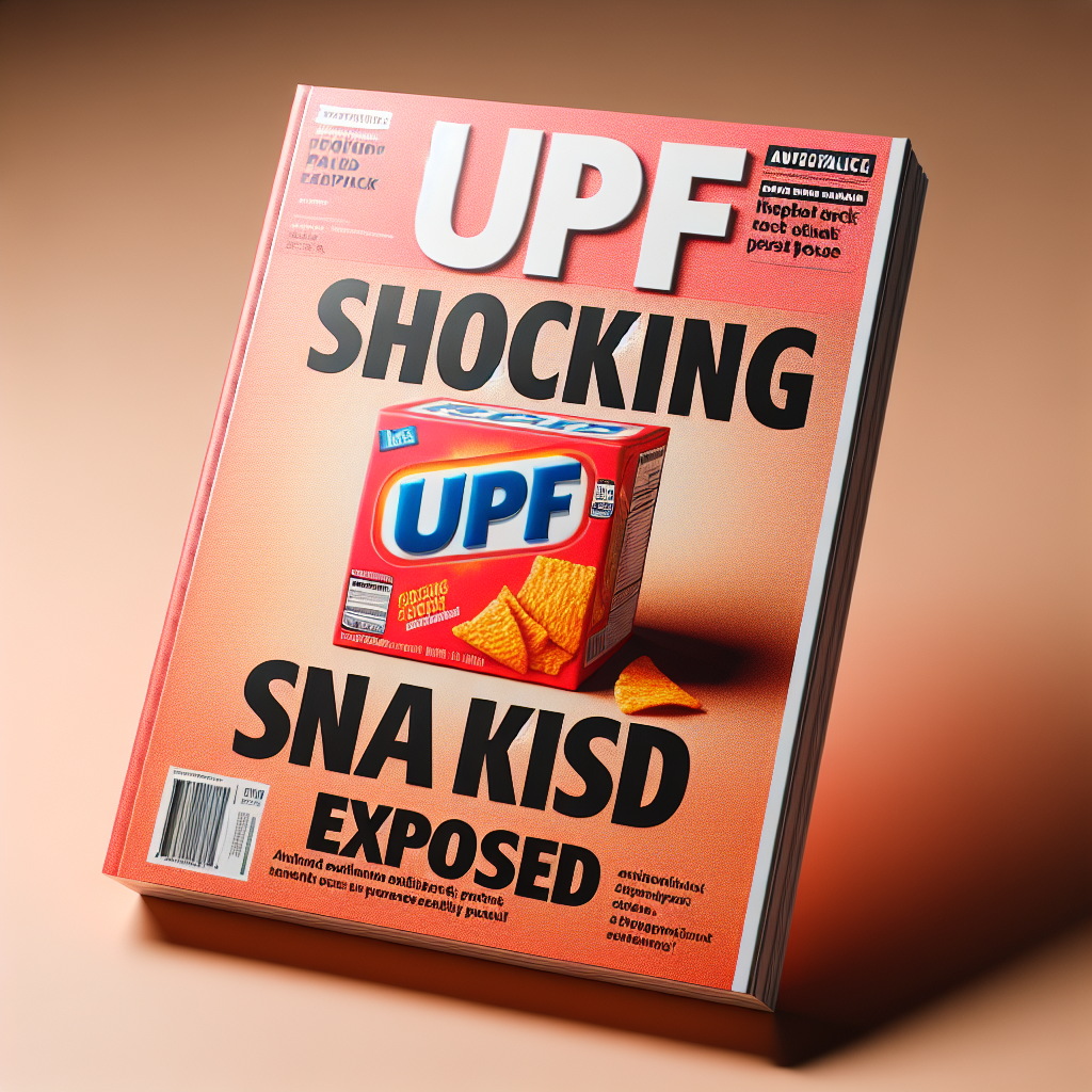 Create a photorealistic image using natural lighting and softly cast shadows. The scene should depict a faux news magazine cover with the headline 'Shocking Snack Risk Exposed' present. Include an image of a generic snack box with the word 'UPF' on it, ambiguously suggesting a connection between the snack and a health risk but without specifically targeting a specific company. The aesthetic should be that of an investigative exposé, using a vivid color palette to capture the viewer's attention.