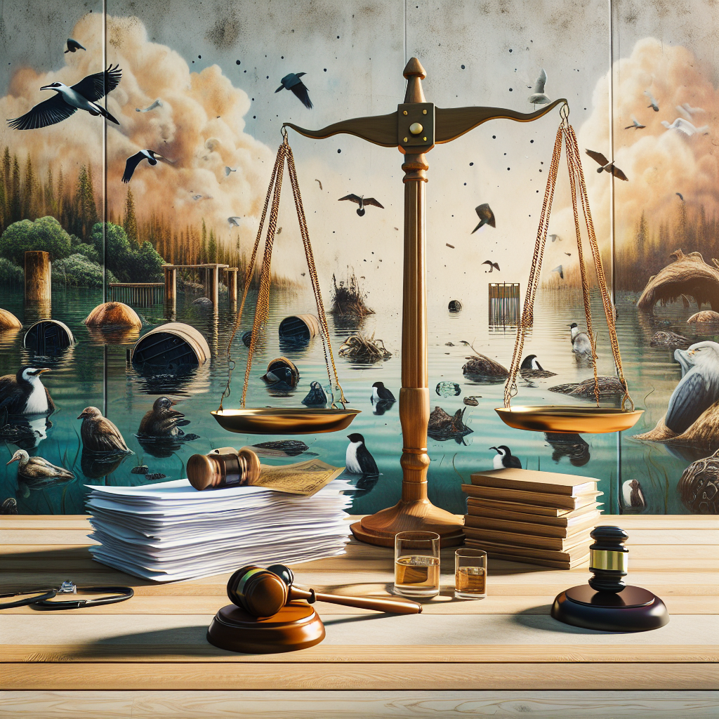 Generate an image representing a courtroom scene symbolizing a significant oil lawsuit. Include a wooden judge's desk, a gavel, stacks of legal documents scattered on a table, and an ethereal balance scale signifying justice. Display a backdrop of a mural showing the ecological impact of oil contamination in water, with birds covered in oil and sinking oil barrels. Use natural lighting and soft shadows for an atmospheric effect.