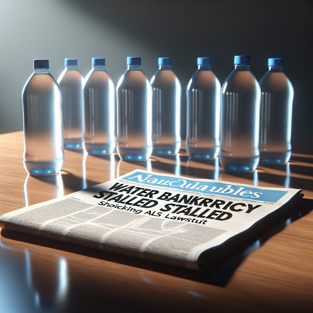 Create a high-quality and photorealistic scene featuring near-empty water bottles on a glossy wooden table, lit by soft natural lighting that casts gentle shadows. Displayed prominently in the foreground of the scene is a newspaper with the headline 'Water Bankruptcy Stalled: Shocking ALS Lawsuit'. The newspaper should be crumple-free and the headline should be clearly readable.