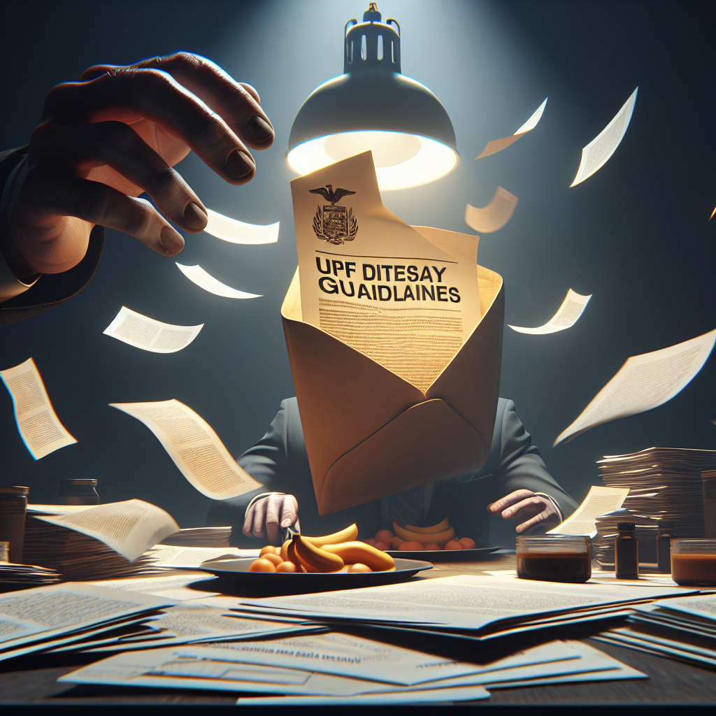 Generate a photorealistic image that showcases a narrative about 'UPF Dietary Guidelines'. The image should present a dramatic scene denoting the unveiling of lawsuit insights, represented perhaps by an opened envelope or documents scattered on a table. The lighting should be natural, casting soft shadows to accentuate the mood of shock and revelation.