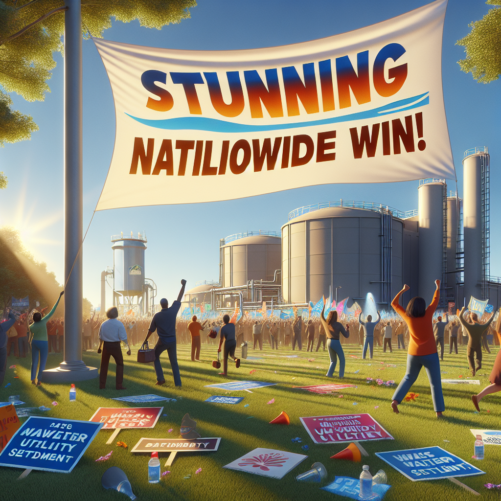 An image that represents a nationwide victory regarding a PFAS Water Utility Settlement. The image features a bright, clear day with natural lighting casting soft shadows. In the middle of the picture, there's a water utility plant with a large banner that reads 'Stunning Nationwide Win!' flapping in the wind. Surrounding the area, people of diverse descents and genders are jubilantly celebrating the win, some with their fists raised in the air, others hugging each other. The atmosphere is joyous and victorious. On the ground, leftover placards from their protest decorate the scene, reinforcing their victory.