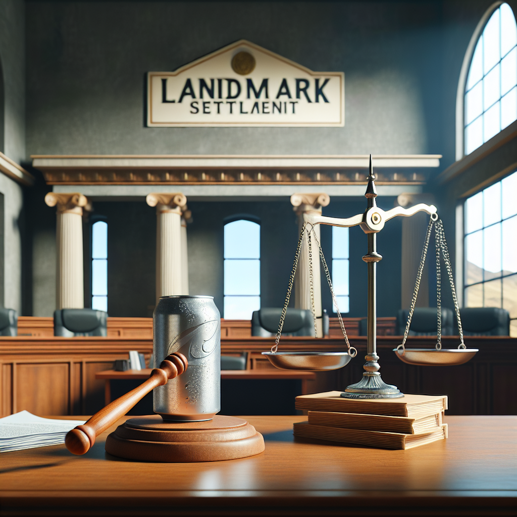 Represent a serene court of law environment. The sign on the majestic building reads 'Landmark Settlement'. The scenario features a plain wooden gavel lying on the mahogany judge's table, next to a stack of official papers. A silver scale of justice is balanced perfectly, symbolizing fairness. In the foreground, there are two unbranded beverage cans, representing a vague dispute about drinks, with one can slightly tipping in favor, symbolizing a victorious party. The entire setting is imbued with natural lighting casting soft shadows, creating a calming and peaceful atmosphere, reflecting the conclusion of a conflict.