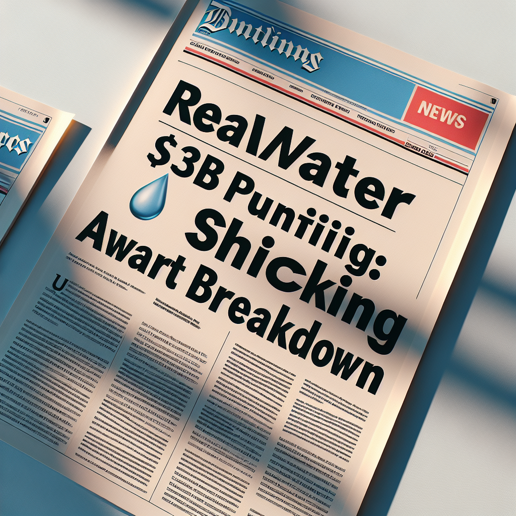 Render a high-quality, photorealistic image showcasing a document that displays a startling news headline. The headline states, 'Real Water $3B Punitive: Shocking Jury Award Breakdown'. It should be cast under natural lighting with soft shadows for added depth and realism.