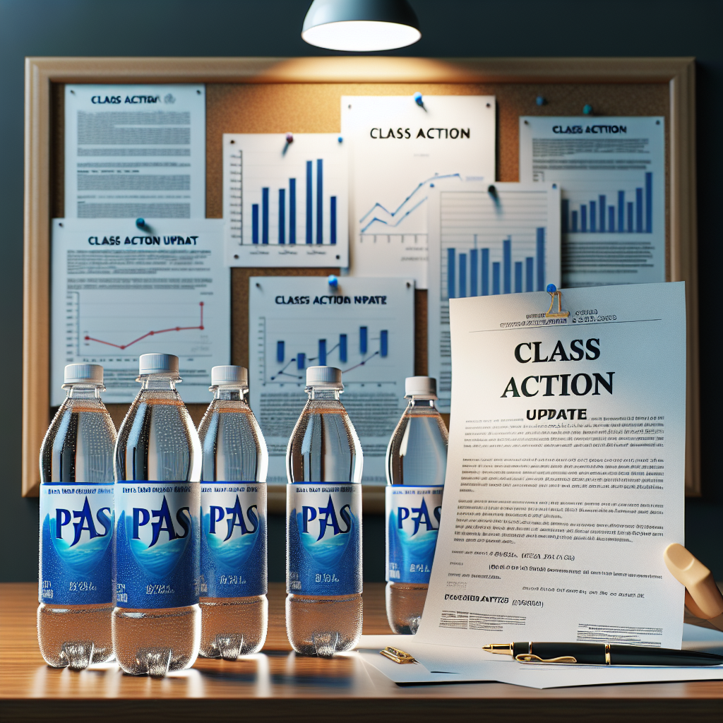 A detailed scene in photorealistic quality showcasing several bottles of water with the label 'PFAS' under natural lighting with soft shadows. Background is a bulletin board filled with papers and notices giving the vibe of a busy legal office. Prominently displayed among them is a large sheet titled 'Class Action Update', accompanied by graphs and legal terms that indicate a significant update in a class action lawsuit. The image should create a strong sense of urgency, attention to detail and importance, showcasing the ongoing legal activities related to the bottled water.