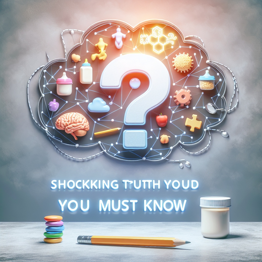 Generate a high-quality, photorealistic image using natural lighting and soft shadows. The scene should illustrate a thought-bubble, with symbols like baby feeding items, brain signals, and a large question mark inside it, to represent the connection between baby food, Autism and ADHD. The title 'Shocking Truth You Must Know' should be displayed prominently at the top.