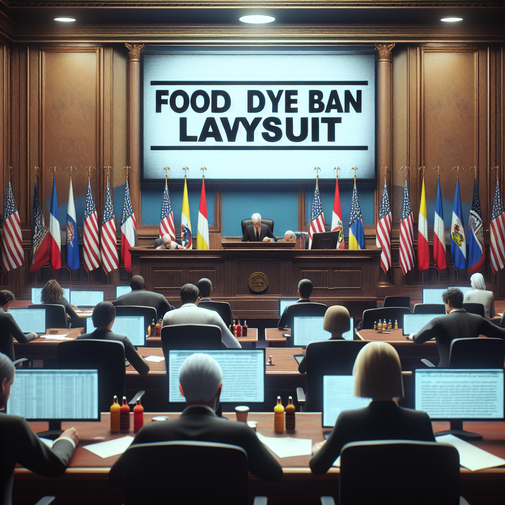 Generate a high-quality, photorealistic image depicting a multi-state legal battle sparked by a lawsuit over food dye ban. Use natural lighting and soft shadows to create this scene. Picture a courtroom, where attorneys feverishly work on documents related to food dye regulations, with states' flags on the background to symbolize multi-state involvement. On a large screen in the courtroom, show a bold headline reading 'Food Dye Ban Lawsuit', symbolizing the main cause of the dispute.