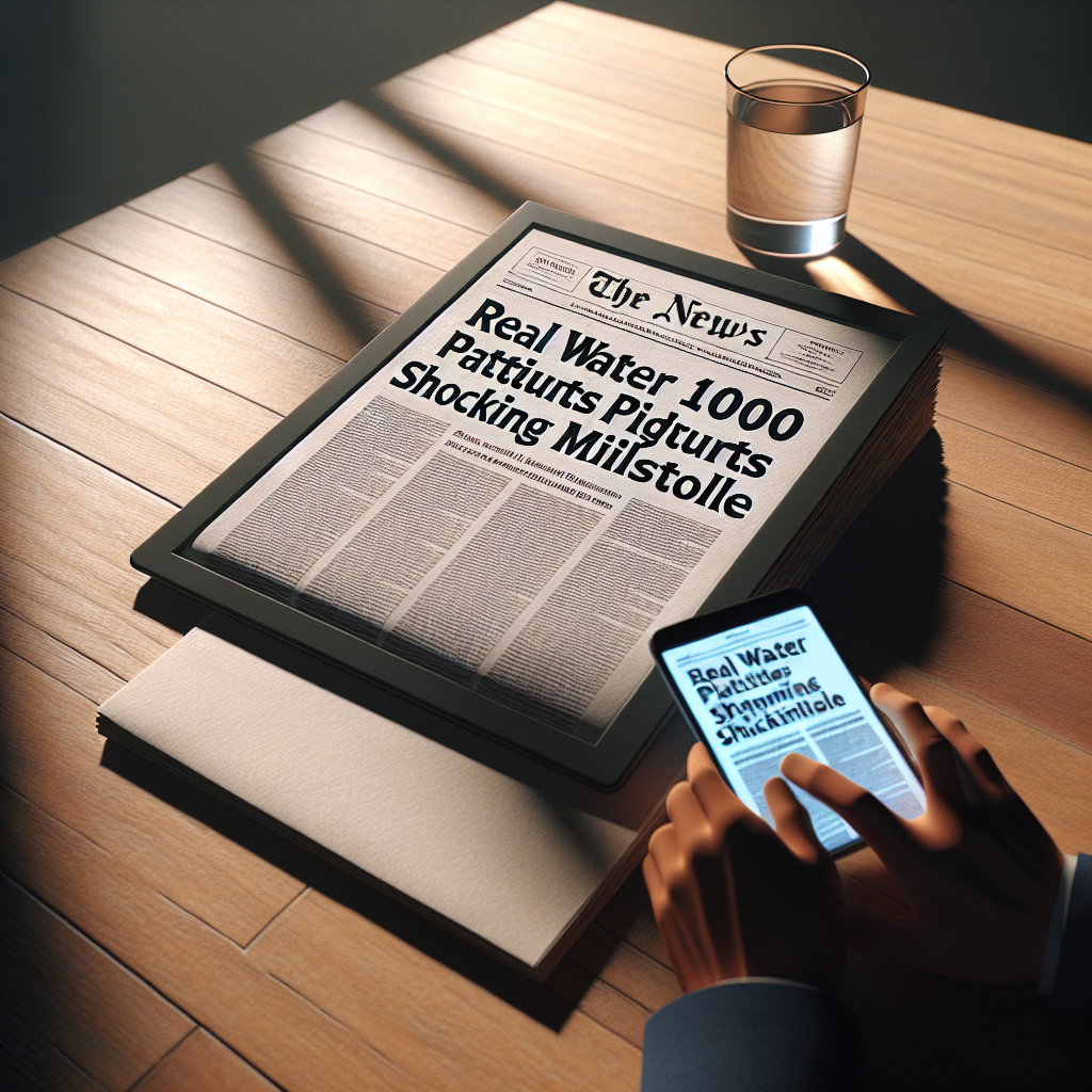 Create a high-quality, photorealistic image presenting a headline in a realistic setting under natural light with soft shadows. The headline says, 'Real Water 1000 Plaintiffs Shocking Milestone'. Show the pages of a newspaper with this headline or possibly a news website displayed on a computer screen, tablet or a smartphone. Let's imagine the device or the newspaper being on a wooden table or desk, and let the light gentle diffuse through a nearby window causing a soft shadow to be cast.