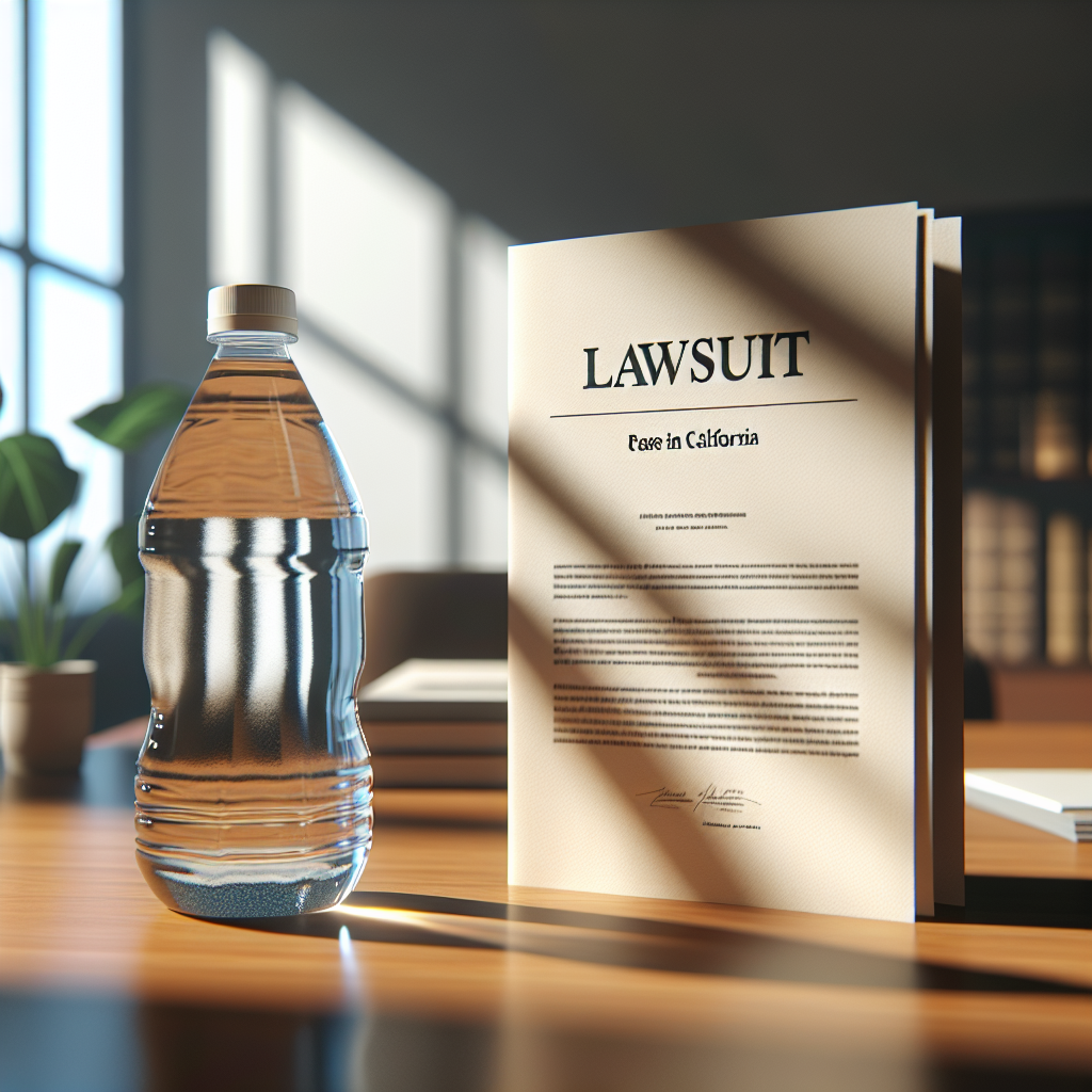 An image representing a legal document, perhaps a lawsuit, placed on a wooden desk in a brightly lit room. The title of the document is 'PFAS Case in California', indicating a major legal issue. Next to the document is a photorealistic bottle of water, presumably the subject of the lawsuit. There are soft shadows cast across the objects due to natural lighting. The air in the room feels tense, characteristic of the gravity associated with such legal cases.