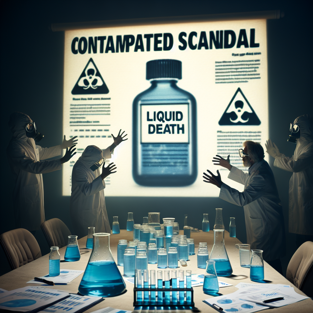 Display an event that reveals a contamination scandal involving a brand called 'Liquid Death'. The scenario should have a grim aura highlighted by natural lighting and soft shadows. Include elements such as test tubes filled with contaminated water, shaking hands of alarmed scientists in lab coats, and scattered research papers with data showing high levels of Per- and polyfluoroalkyl substances (PFAS). Visualize the atmosphere of surprise and anxiety caused by the exposed shocking event.