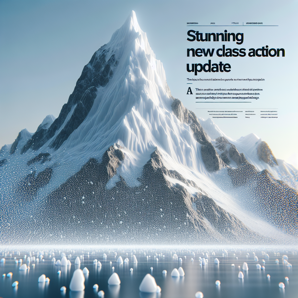A stunning, photorealistic image featuring the concept of Ice Mountain Microplastics. The focus is on a tall, icy mountain with hints of small, scattered, transparent particles representing microplastics. The image is composed using natural lighting and soft shadows to enhance the texture and ruggedness of the mountain and to depict contrast between the pure, white, snowy peaks and the nearly invisible microplastics. A bottom headline reads 'Stunning New Class Action Update', creating a significant visual narrative within the image.