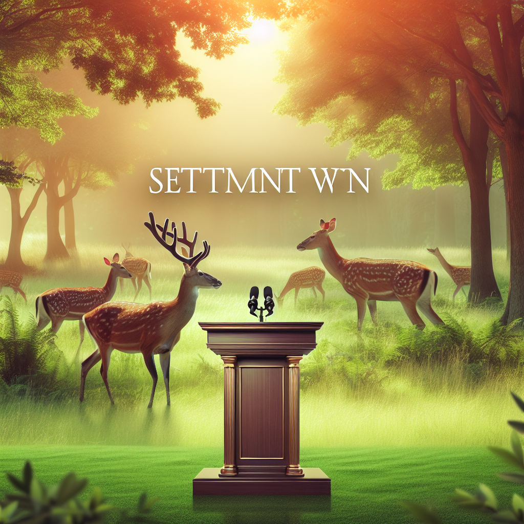 Generate a high-quality, photorealistic image showcasing a peaceful, verdant deer park with warm, natural lighting and soft shadows. In the foreground, an elegant podium stands, symbolizing a place of major announcements or settlements. In the background, subtly overlay the legal phrase 'Settlement Win' to signify a successful resolution.