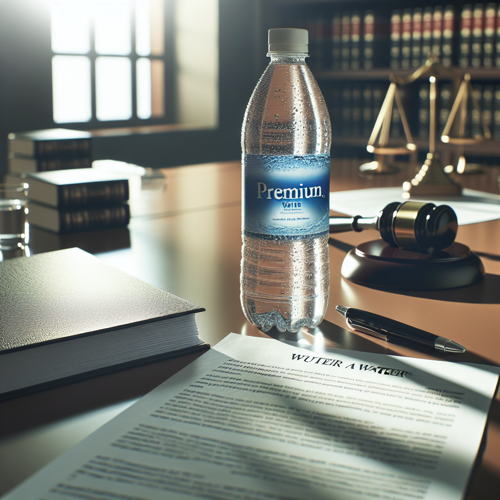 Depict a scene of a court lawsuit involving a premium water brand. The setting should exhibit soft shadows and natural lighting for a realistic touch. Include the water bottle on a table as a significant element, with labels and documents spread around to stress the importance of the ongoing case.
