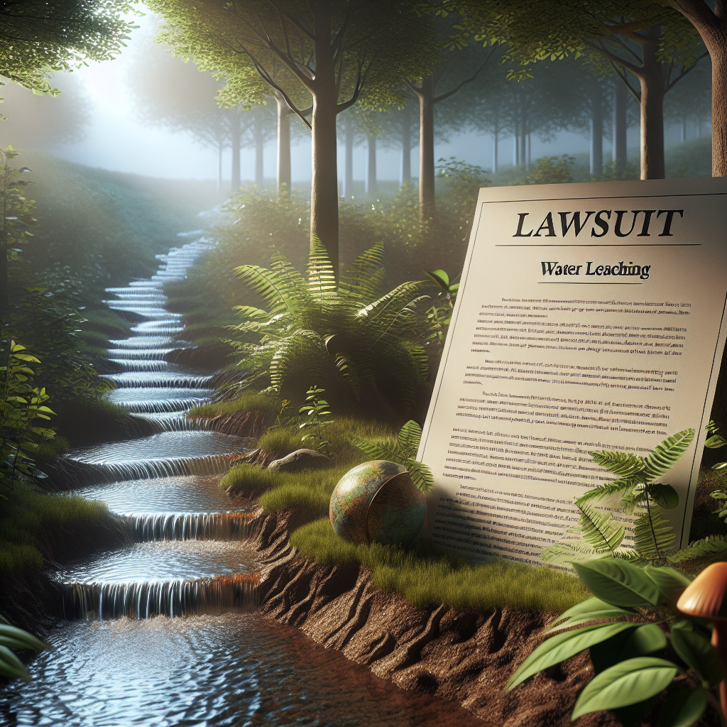 Create a visually striking, photorealistic image that encapsulates the concept of 'Path Water Leaching'. This image should feature natural lighting and soft shadows, illustrating the process through which water travels and leaches into the soil or groundwater. The backdrop should consist of an outdoor scene with foliage and perhaps a water source like a stream or river. On the forefront, include a document that signifies a 'Stunning Lawsuit', perhaps an official-looking paper document with words such as 'Lawsuit', 'Reveals', and 'Truth' clearly readable on it. Imagery suitable for an environmental conservation theme.