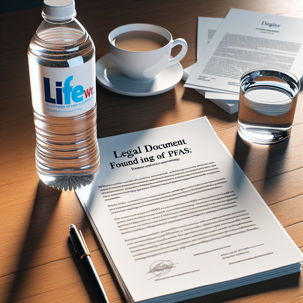 Create a high-quality, photorealistic image with natural lighting and soft shadows that visualizes a legal document having a headline regarding the issue of PFAS found in drinking water, specifically in a brand named Lifewtr. Ensure the image includes depiction of a bottle of water next to the legal document, both placed on a wooden table. The document should have some highlighted excerpts without revealing any identifiable particulars. Include a coffee cup and a pen on the table to give depth to the scene.