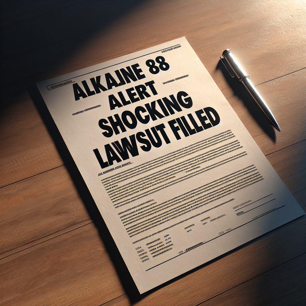 A photorealistic image with natural lighting and soft shadows, representing a shocking lawsuit filed, symbolized by a document with the title 'Alkaline88 Hydrazine Alert: Shocking Lawsuit Filed' prominently displayed. The paper rests on a wooden table next to a silver pen. The background is subtly lit, creating contrast and emphasizing the significance of the document.