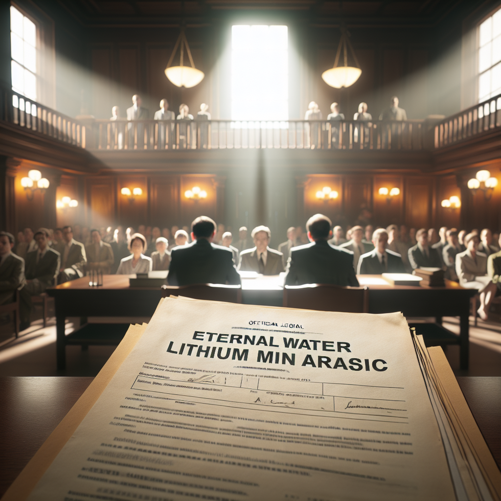 Visualize an image that vividly depicts the scene of a dramatic lawsuit unfolding. The setting can be a courtroom filled with tension and uncertainty. In the center, show official legal documents with the titles 'Eternal Water Lithium Arsenic' on them. Let the natural light streaming through the courtroom windows highlight these papers while casting soft shadows around the room. The emotive expressions of people in the room should reflect shock and anticipation.