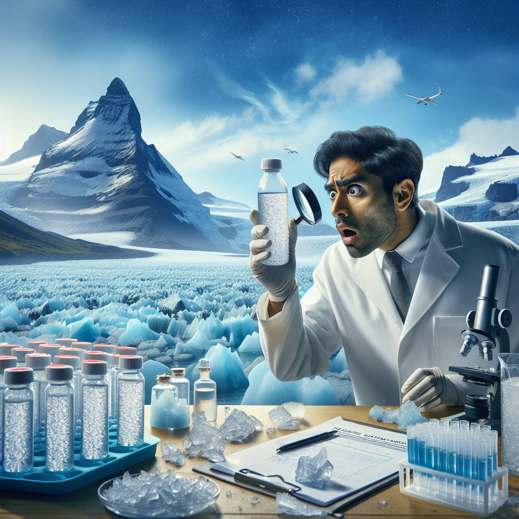 Envision a dramatic scene that brings to life a scandal related to the purity of Icelandic glaciers. Picture a magnificent, sprawling landscape of icy mountains under a clear, bright sky. Within this pure environment, foreground shows a scientist, of South Asian descent and male, observing a bottle filled with glacial water under a magnifying glass. Distinctively, the water contains tiny, visible particles--microplastics. The scientist wears an expression of shock and disbelief. He's surrounded by sample vials, graphs, and other research equipment, highlighting the robust science and meticulous documentation involved in detecting this contamination.