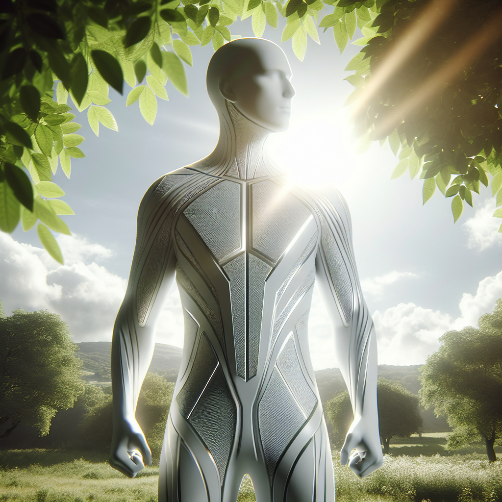 Visualize a consumer's triumph in obtaining an amazing 'Just Water Paper PFAS Suit,' cast under natural lighting and soft shadows. The suit is environmentally friendly, featuring a futuristic design where each panel shines with a clean simplicity. The person wearing the suit looks triumphant, exuding confidence and satisfaction with their victory, their stance strong and reassuring as they stand under the open sky, bathed in sunlight. This eco-friendly attire symbolizes a critical win for consumers who champion sustainable practices, as it stands out amidst a backdrop of lush greenery.
