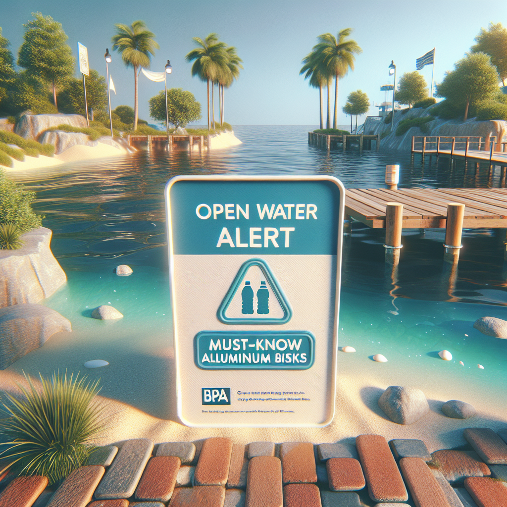 Generate a high-quality, photorealistic image using natural lighting and soft shadows. The image is about a public announcement in an open water location. There's a sign or poster that says 'Open Water BPA Alert: Must-Know Aluminum Bottle Risks'. The surrounding area includes elements of the marine environment to reinforce the concept of open water.