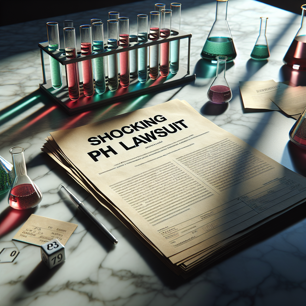 A photorealistic image inspired by the topic of a legal dispute about pH levels. In it, a detailed document labeled 'Shocking pH Lawsuit' catches the eye. Its pages are open on a marble table, illuminated by natural light creating soft shadows. Nearby, there are chemistry tools like test tubes, containing liquids of different colors representing various pH levels. This all implies an investigation of sorts. The well-lit environment invokes feelings of seriousness and importance.