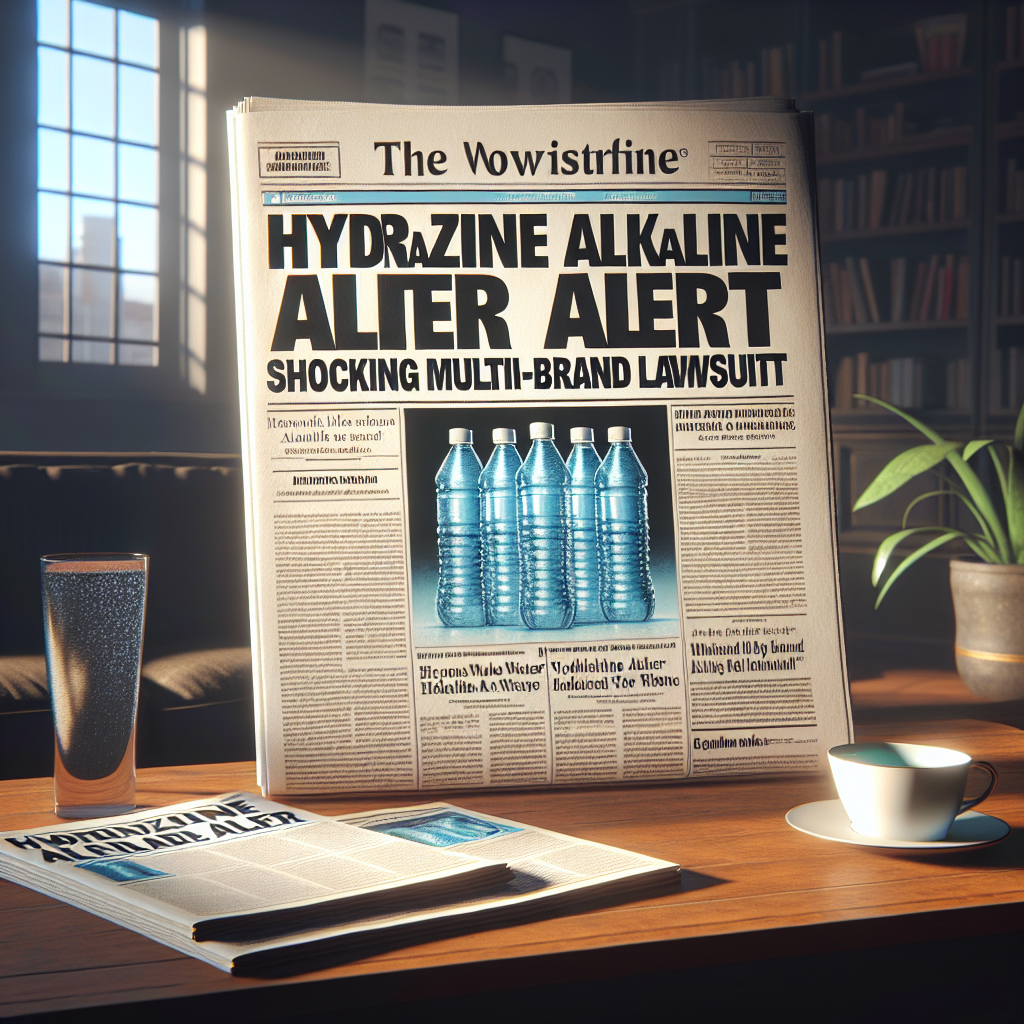Imagine a photorealistic image that depicts the concept of a shocking legal case involving multiple brands related to hydrazine in alkaline water. The image highlights the seriousness and urgency of the situation. A large newspaper sits at a coffee table, front-page headline stating 'Hydrazine Alkaline Water Alert: Shocking Multi-Brand Lawsuit'. The paper is illuminated by natural lighting causing soft shadows around it, underlining its importance. A cup filled with water next to it further punctuates the topic at hand.