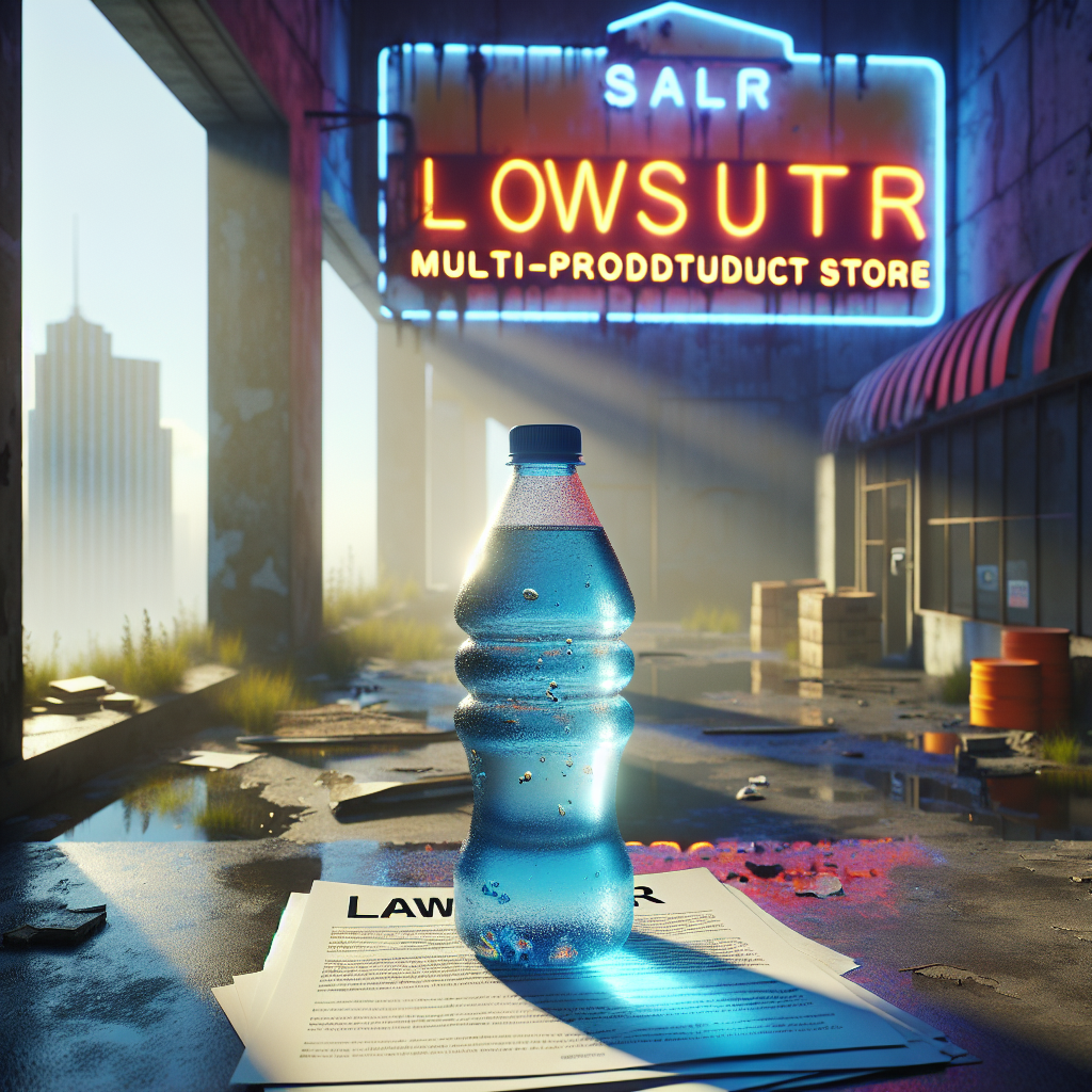 An image with a futuristic, dystopian scene. The setting consists of a dilapidated store sign, barely recognizable as a generic multi-product store, hinting at widespread water contamination. A bundle of lawsuits on the floor with vibrant emphasis on the words 'Water Contamination', reflecting the afternoon sun. In the foreground, a shockingly blue, transparent water bottle, with tiny particles floating inside it, suggesting pollution. The contrasting natural light and soft shadows create a dramatic play on the bottle and the lawsuit papers, emphasizing the shock and urgency of the situation.