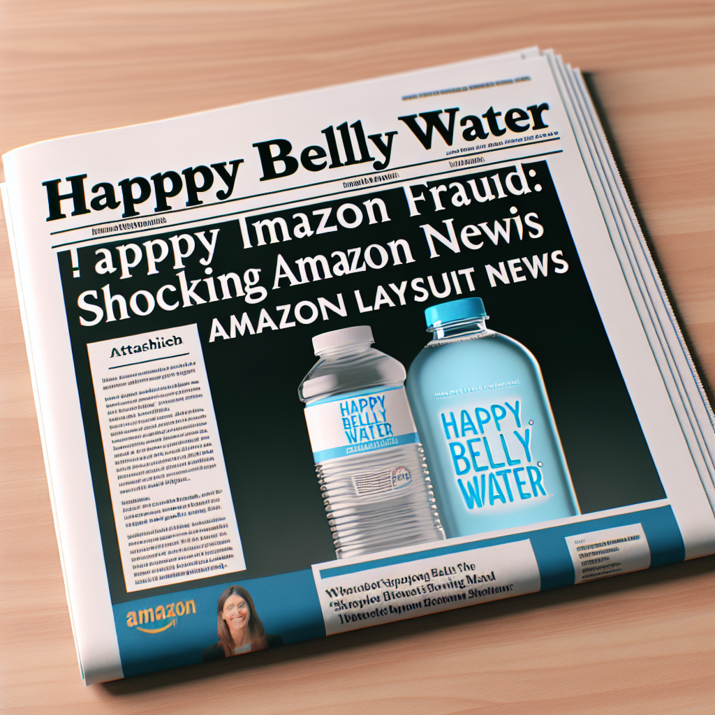 Illustrate an engaging newspaper headline that reads 'Happy Belly Water Fraud: Shocking Amazon Lawsuit News'. The layout consists of the headline text in bold, an article snippet revealing some details about the situation without naming any personalities involved, and an attached image of a bottle of 'Happy Belly Water'. The image has a natural lighting and soft shadow effects for realism. No person should be present in the image.