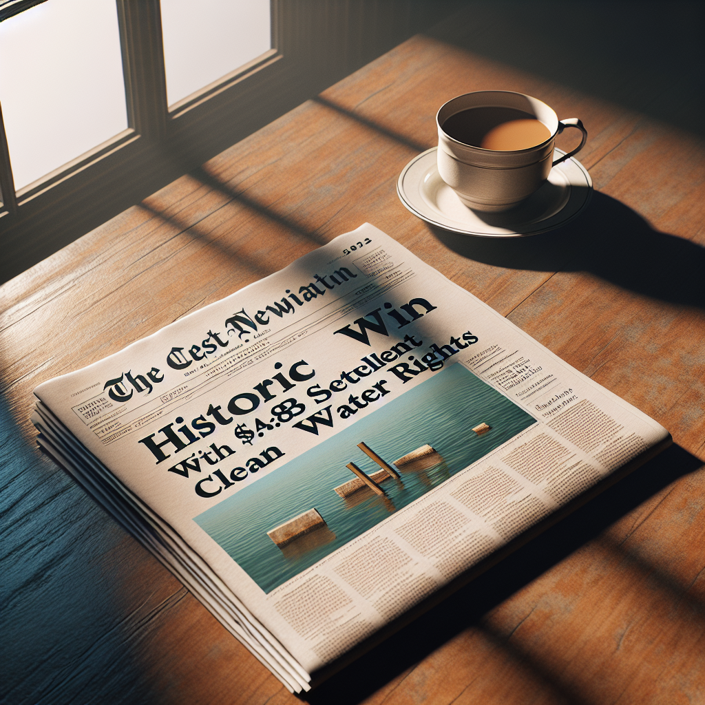 Generate an image which displays a newspaper featuring the headline 'Historic Win with $4.8B Settlement for Clean Water Rights' under natural daylight with soft shadows. The newspaper, laid on a classic wooden table, has a subtitle saying 'An Exclusive Story of Victory.' A fresh cup of coffee is placed next to the newspaper conveying a calm and quiet morning atmosphere. The light coming through the window casts a gentle shadow adding a touch of depth and realism to the scenery.