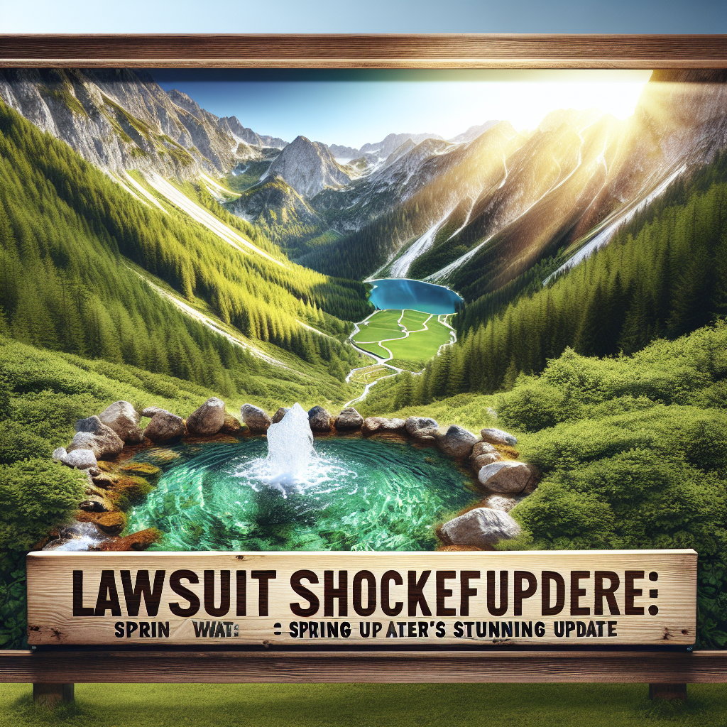 A stunning Mountain Valley scene unfolding, capturing a shock element. The view encapsulates lush green mountains under the natural, glowing sunlight casting soft shadows. A crystal clear spring water, reflecting the light, is flowing through the valley. Nearby, on a wooden sign, the text 'Lawsuit Shocker: Spring Water's Stunning Update' is carved, signifying the drama and unexpected turns.