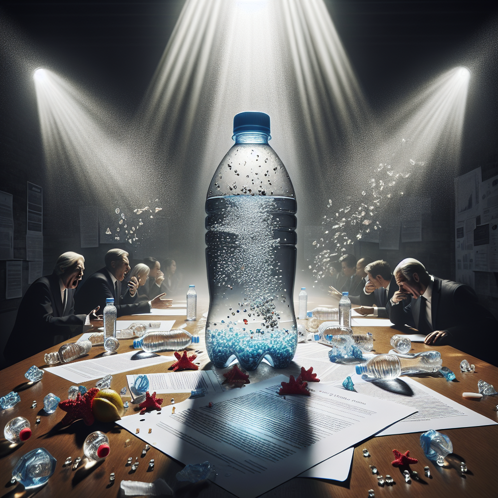 Create a visually striking image to represent a litigation situation involving a bottled water brand. The center of the scene features a table on top of which lay multiple bottles of water bathes in natural light casting soft shadows. One of the bottles is cut open, revealing small particles suspended inside the water, a symbolic representation of microplastics contamination. The background is occupied by a dismayed group of people, making grim faces as they examine the contaminated water. Documents scattered across the table refer to the legal case associated with the polluted water.