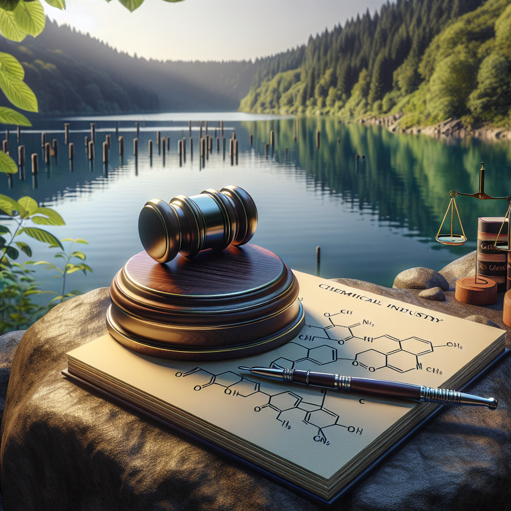 Create a high-quality, photorealistic image representing a symbolic scene of justice. The setting is at the serene Leech Lake with its calm waters and lush greenery in the backdrop. The focal point of the image is a gavel, strategically placed on a stone by the lake, symbolizing a judicial decision. Include elements that subtly hint towards the chemical industry, such as a notepad with chemical structures or a book titled 'Chemical Giants'. Illuminate the scene with natural lighting that casts soft shadows, adding depth and contrast to the picture.