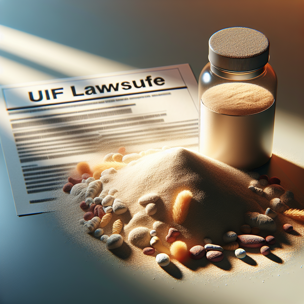 A photorealistic illustration showing a pile of undisclosed ingredients casting soft shadows, symbolizing their shocking revelation linked to a lawsuit. The pile is positioned under natural lighting, scattering brightness unevenly across the surface, making some ingredients appear clearer than others. In the background, a blurred document is visible with the title 'UPF Lawsuit' on it. The color palette is predominantly warm to evoke a sense of intrigue and concern.