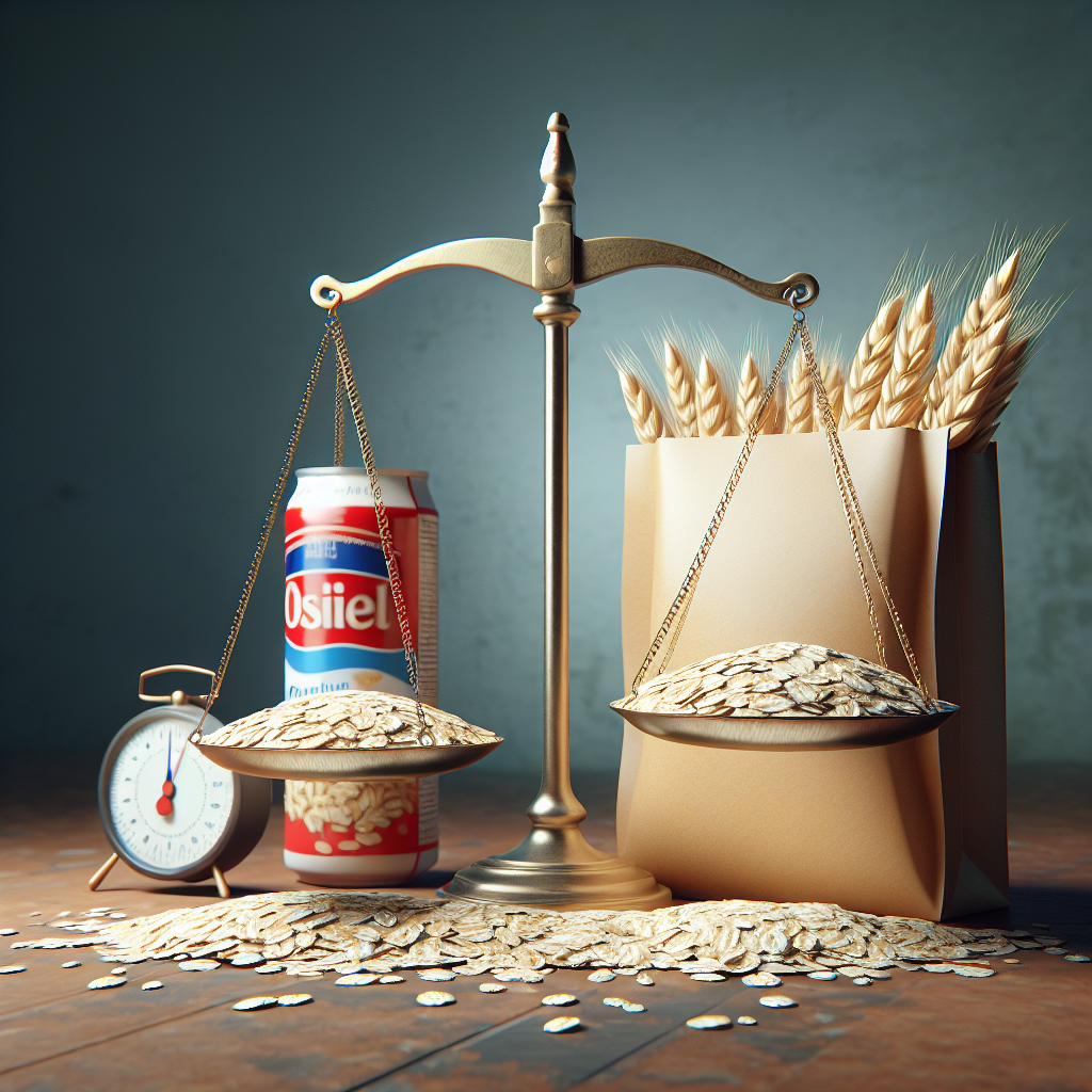 Create an illustrative image of a symbolic food contamination lawsuit. Display symbolic elements like a scale to represent legal matters, a food package to represent the food industry and flakes of oat to symbolize the specific food. Use natural lighting and soft shadows to give the image a photorealistic feel. Please avoid any specific brand references.